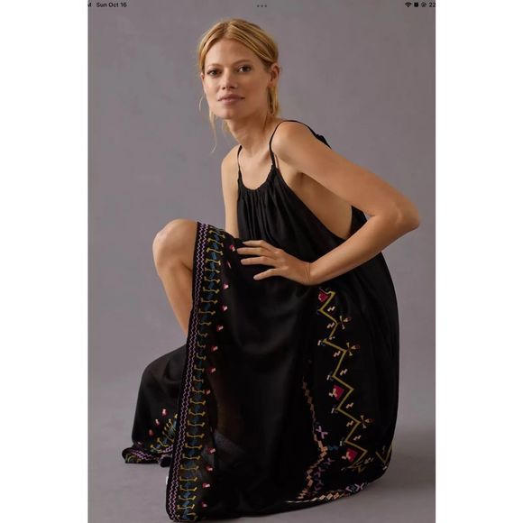 New Anthropologie Embroidered Maxi Dress Size Medium Color Black - Picture 3 of 8